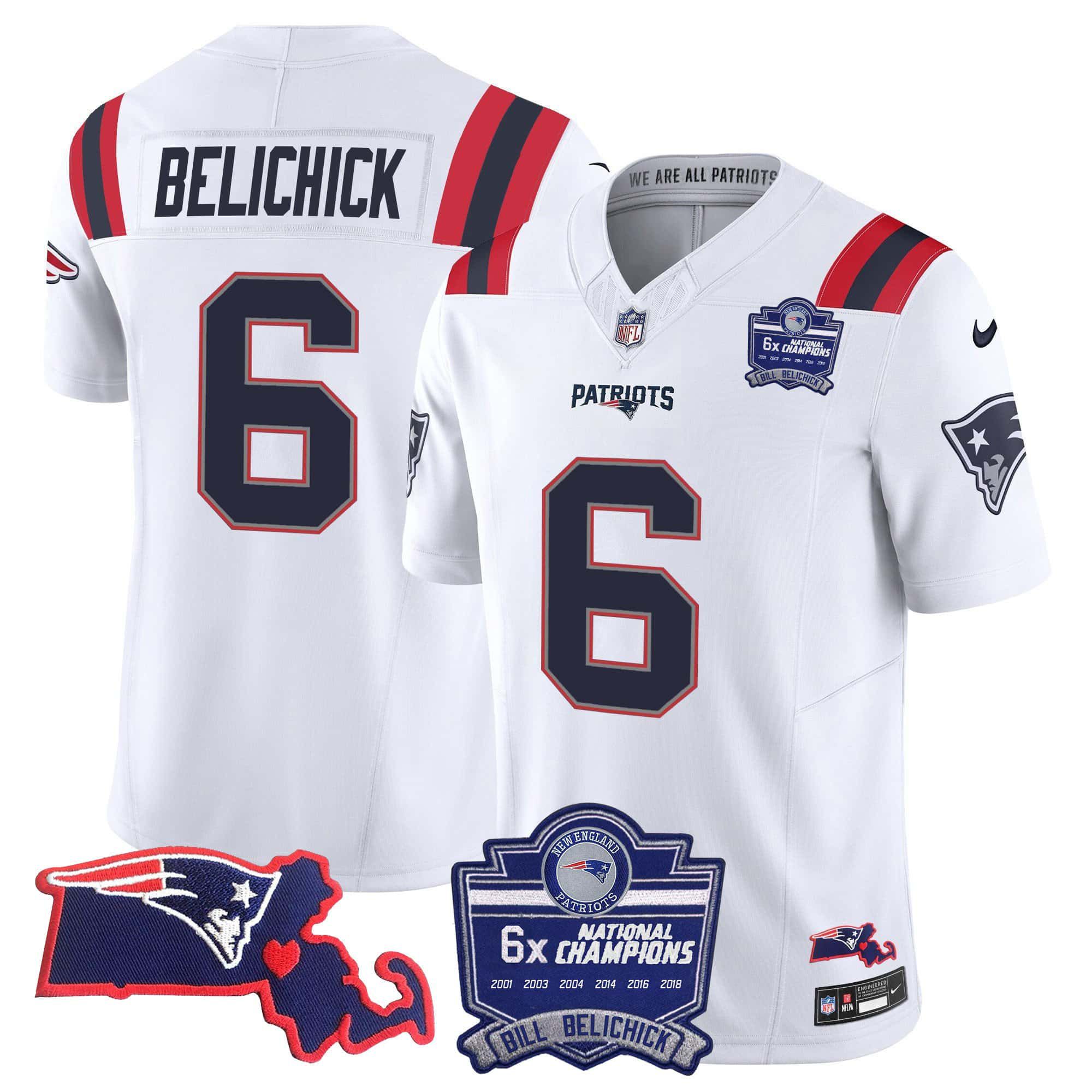 Men New England Patriots #6 Belichick White 2024 Nike 6x Champions Patch Vapor Limited NFL Jersey
